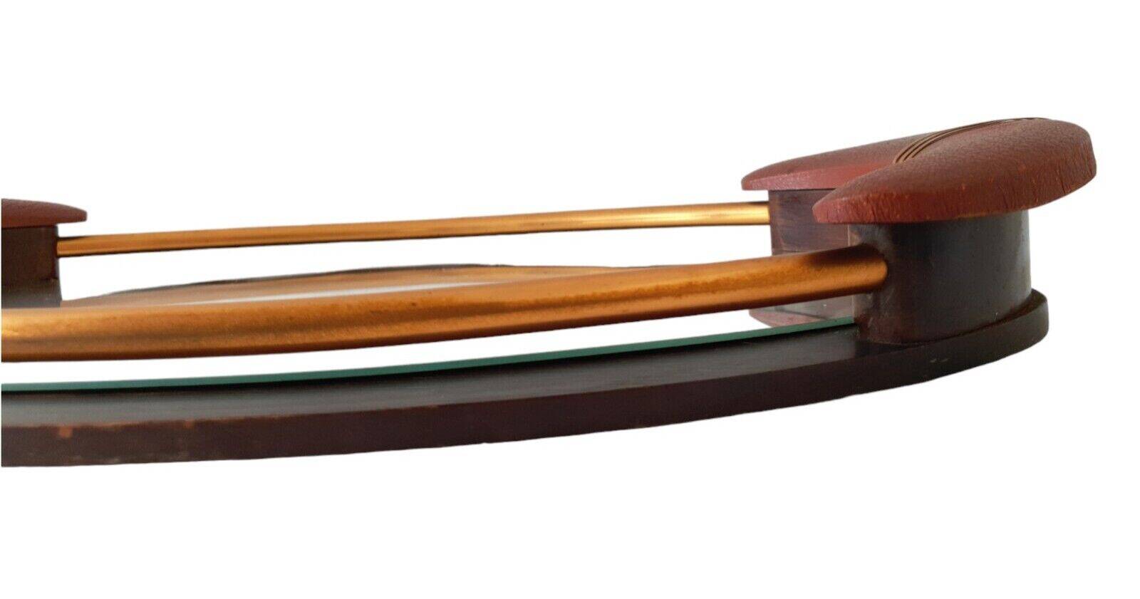 Old Superb Art Deco Style Tray Mirror Handle In Leather Or Faux Vintage