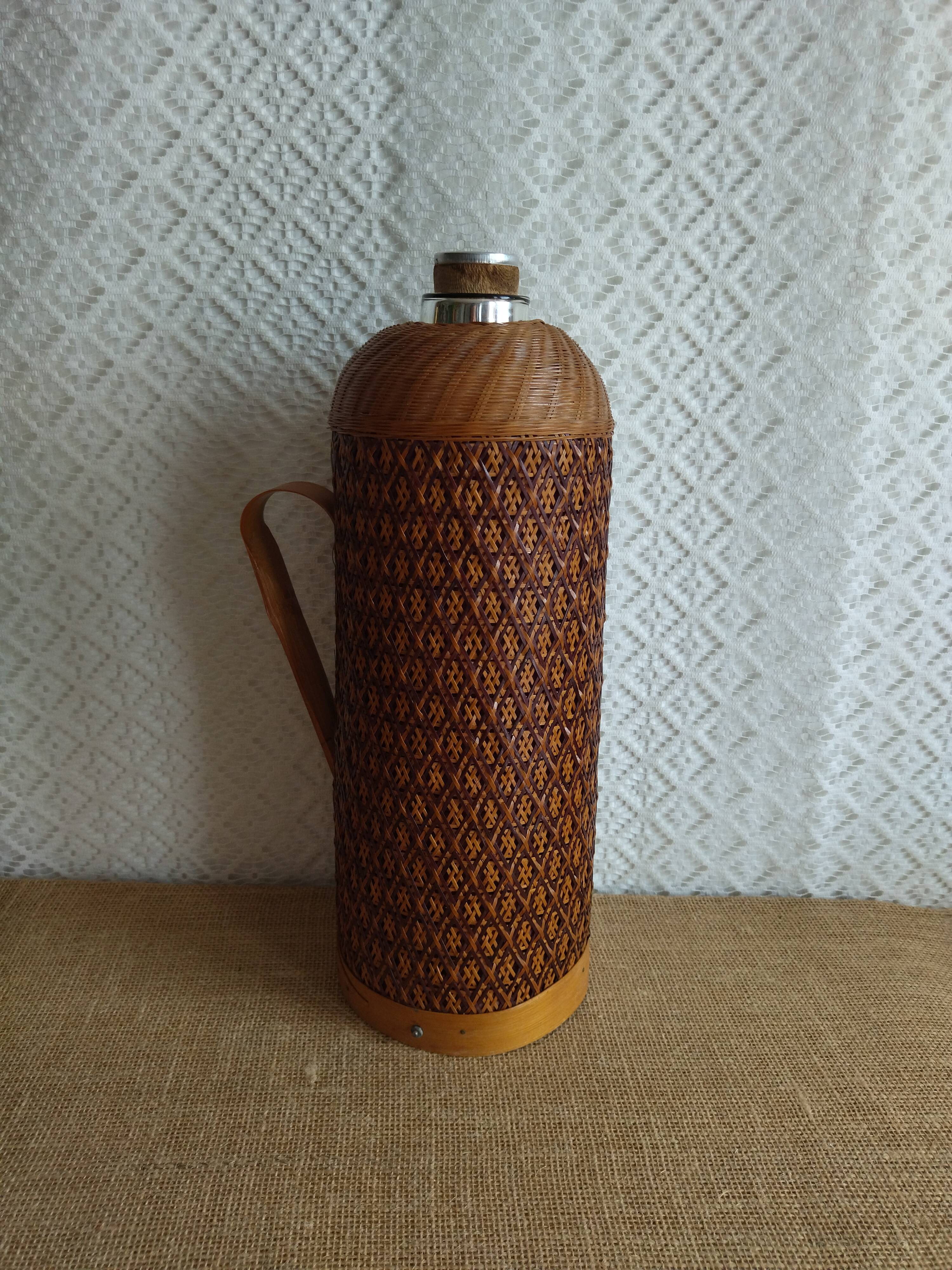 Vintage 70s rattan bamboo thermos carafe
