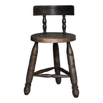Tabouret tripode brutaliste avec dossier, tabouret bois vintage, tabouret d