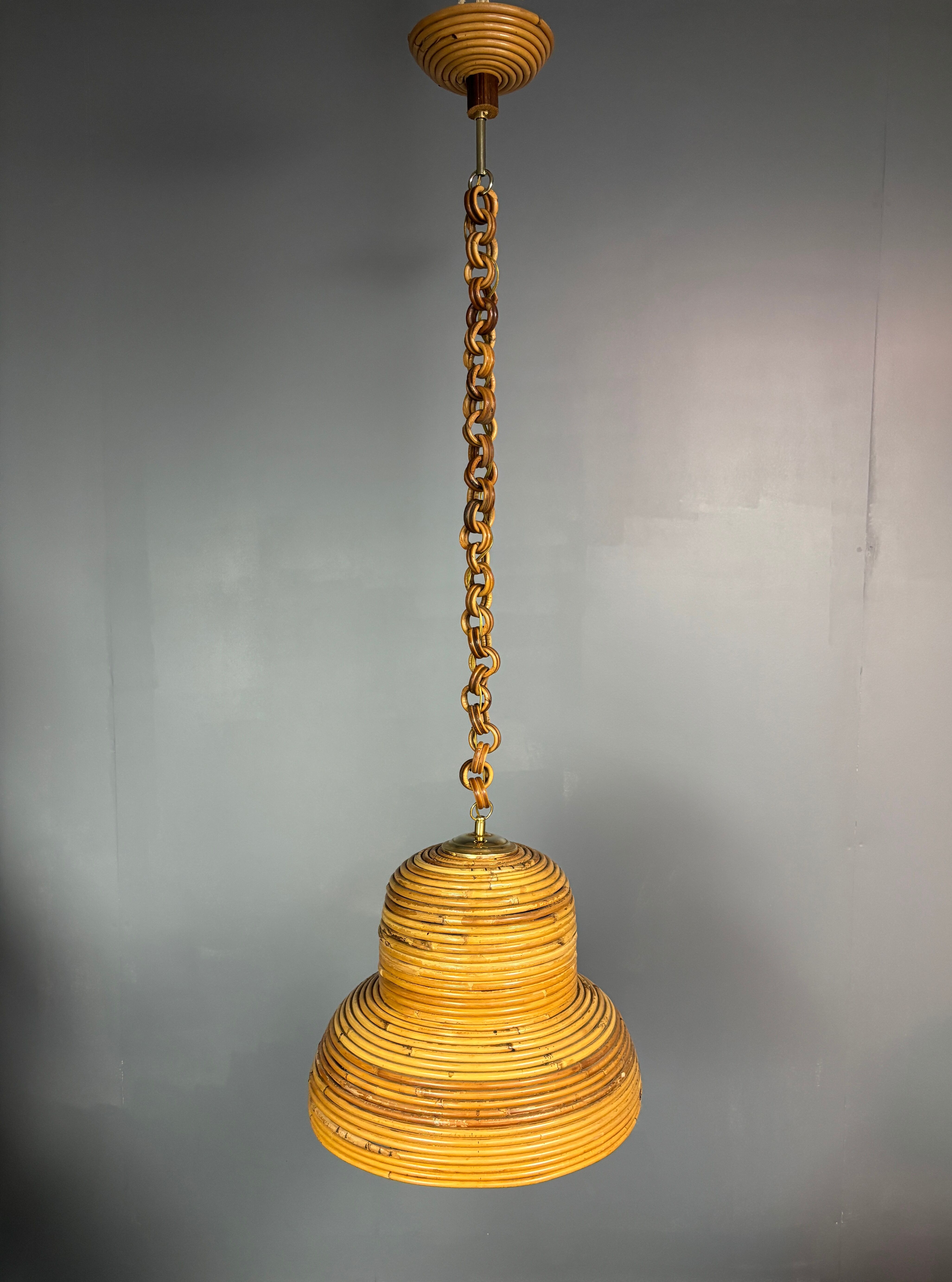 Midcentury Italian pencil reed rattan bamboo and brass hanging lamp pendant