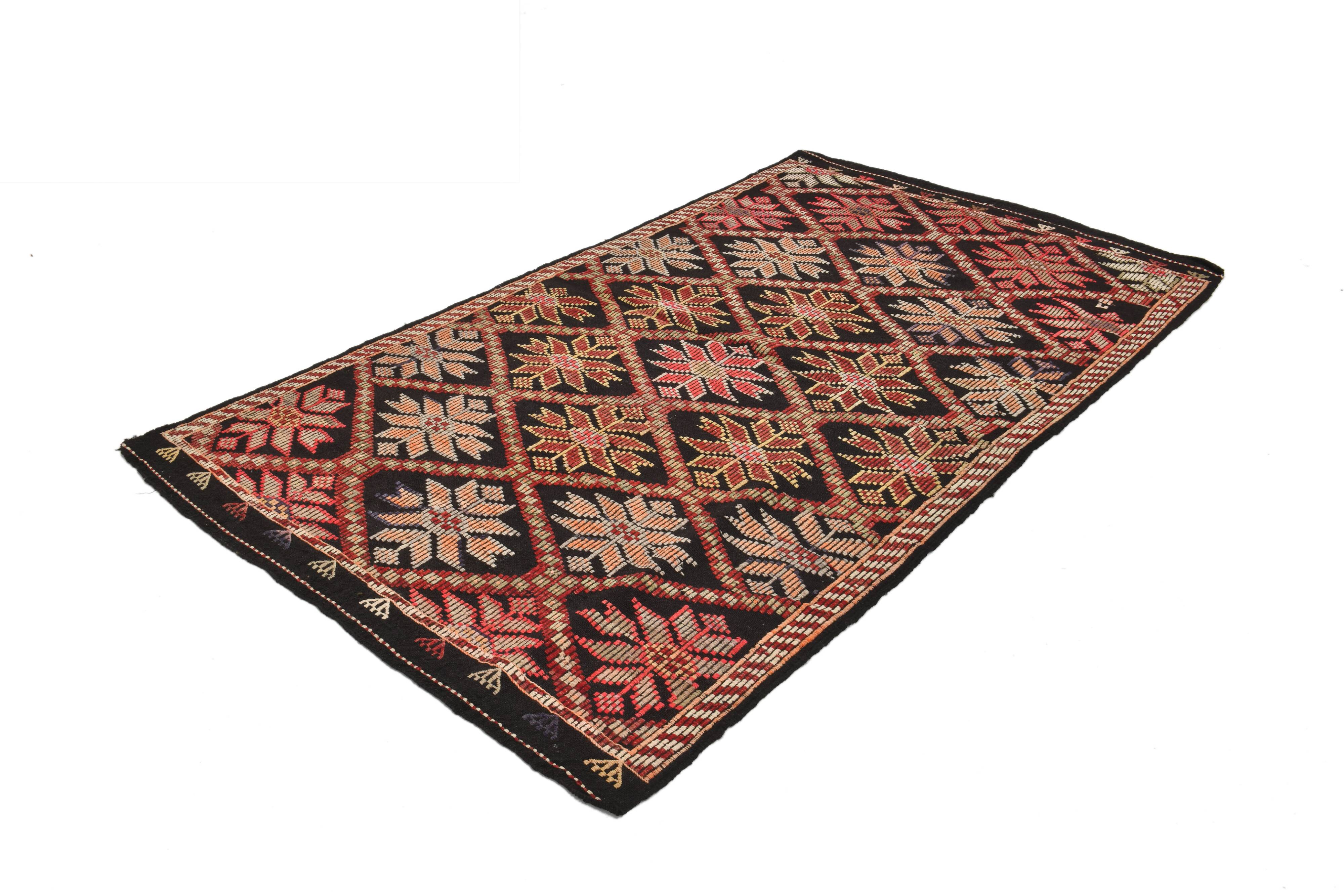4x8 Red & Black Star Pattern Vintage Kilim Rug, 136x234Cm