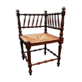Chaise d'angle bois tourné assise paille