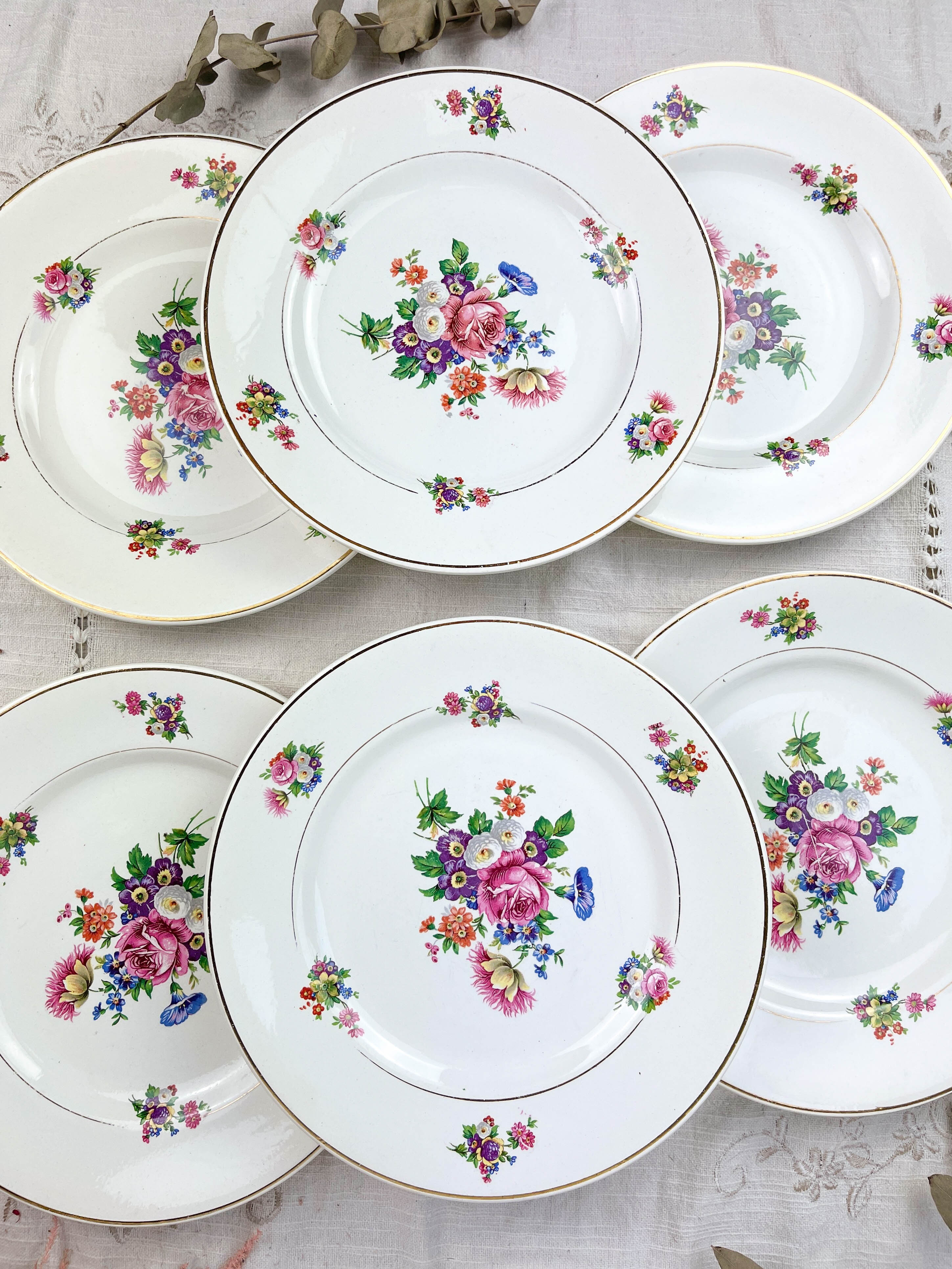 6 assiettes terre de fer salins modèle "anny" motif fleuris
