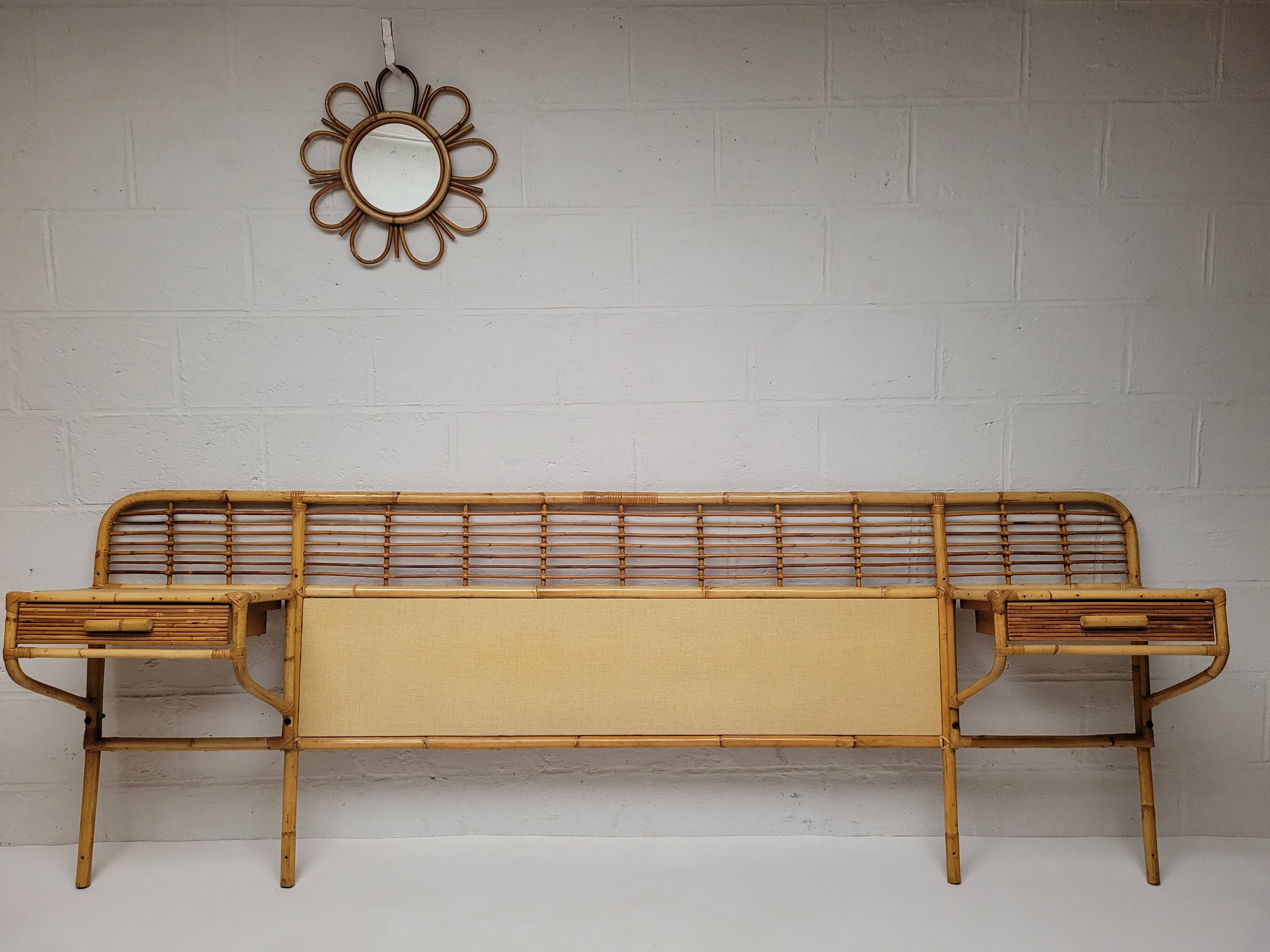 Rattan headboard with vintage bedside tables 1960