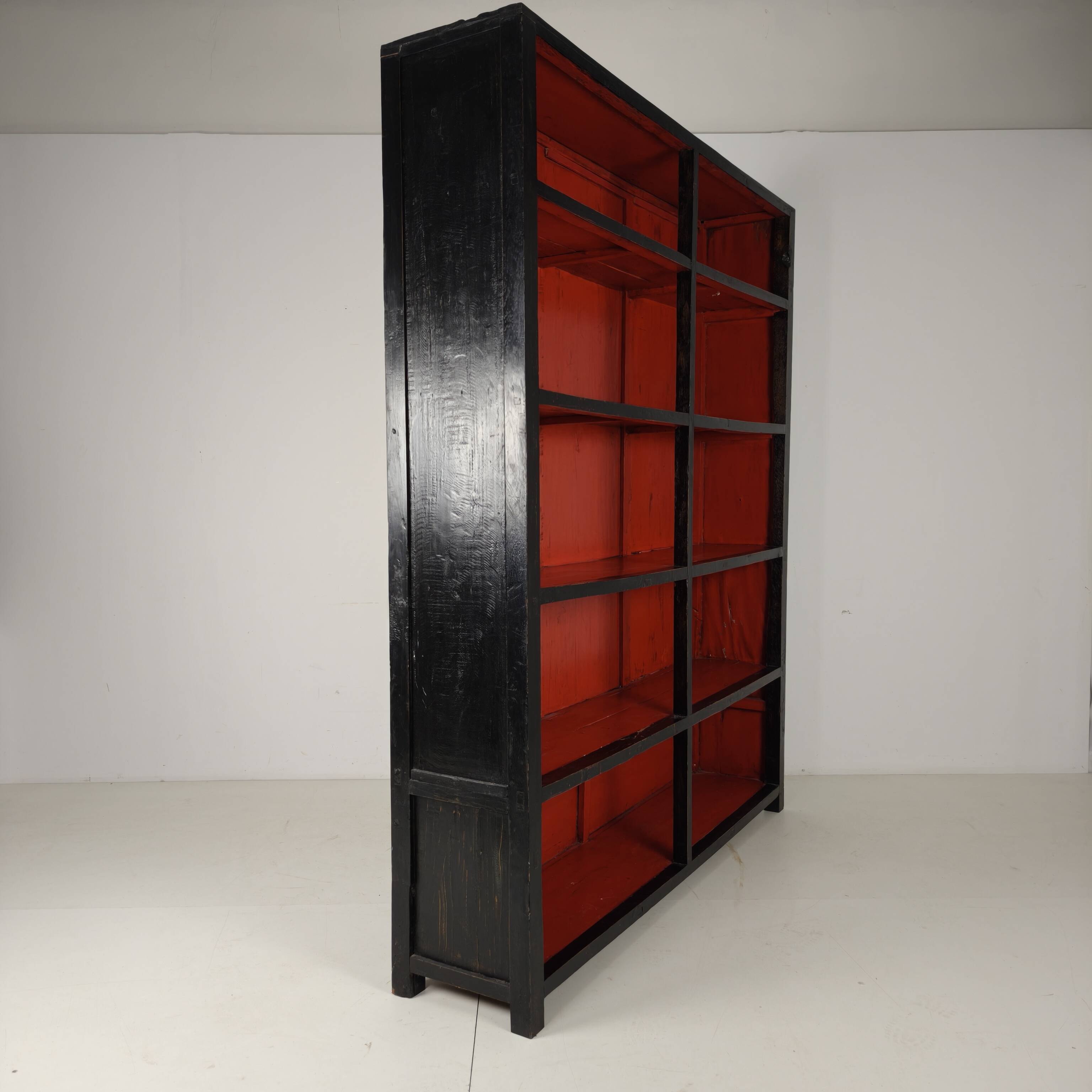 Antique Chinese Display Cabinet / Open Bookcase with Red Lacquer Interior