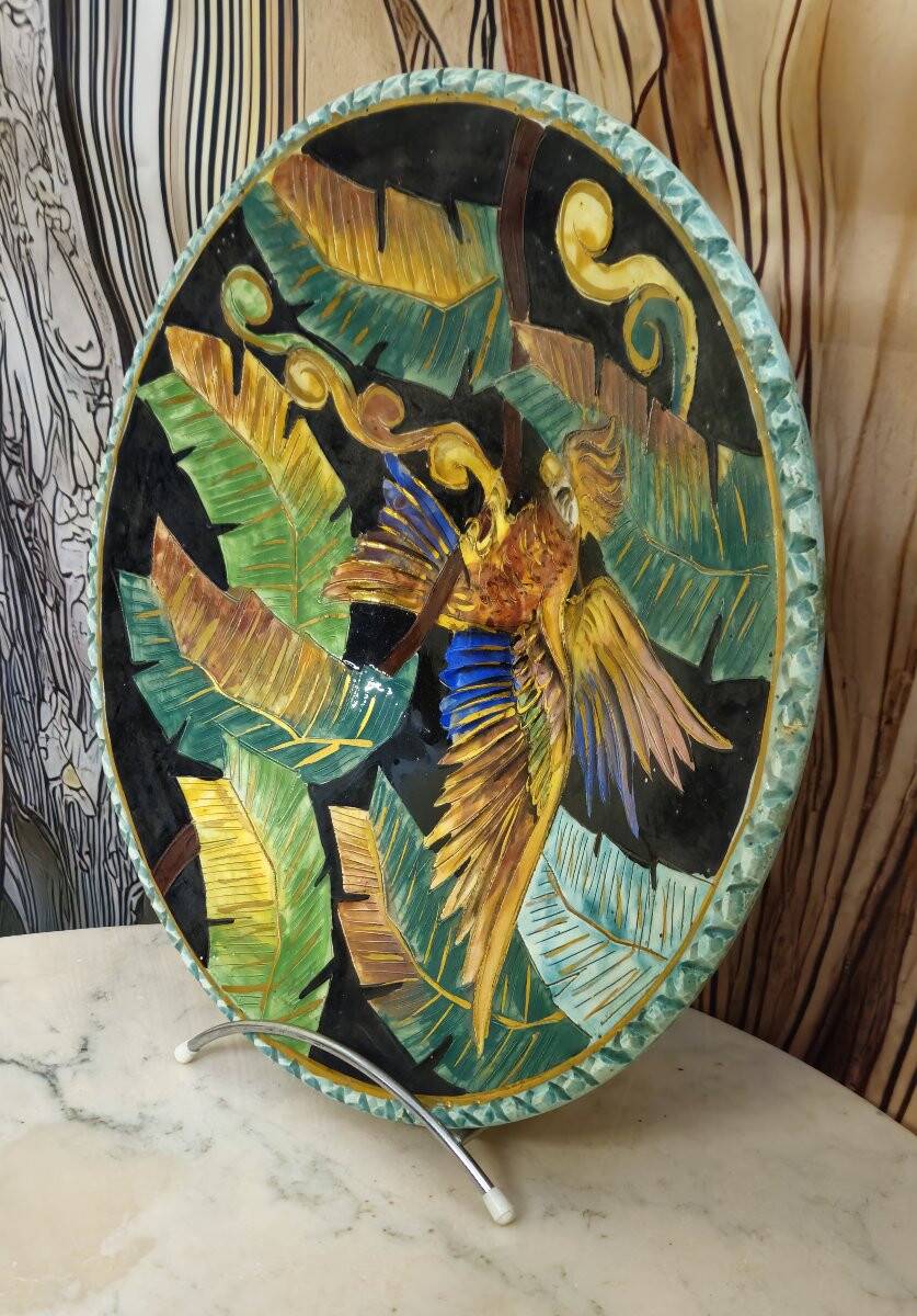 Large Vallauris dish in polychrome ceramic – parrot decoration – signed
