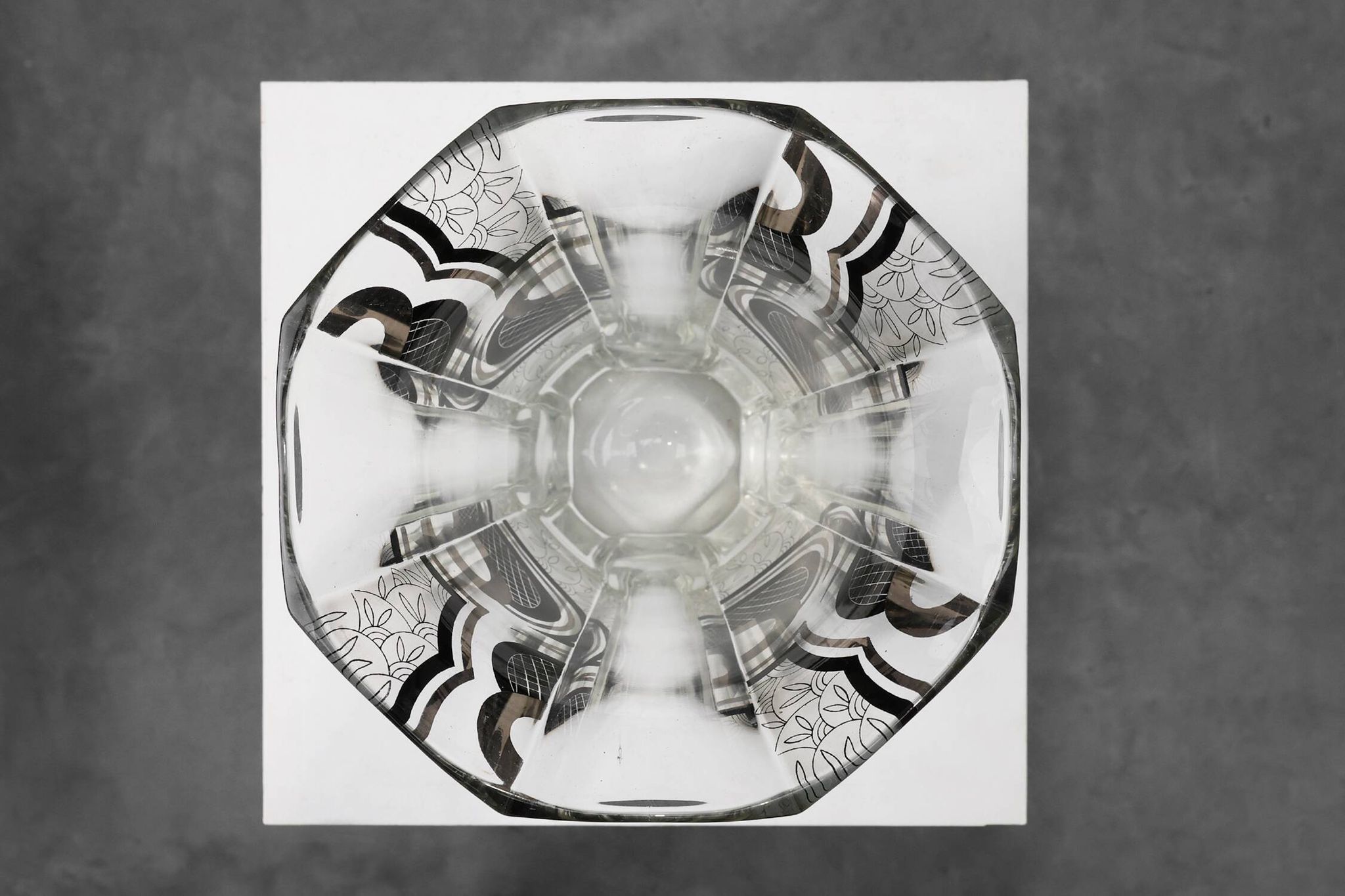 Art Deco Glass Vase with Black Graphic Decoration, France, circa 1940