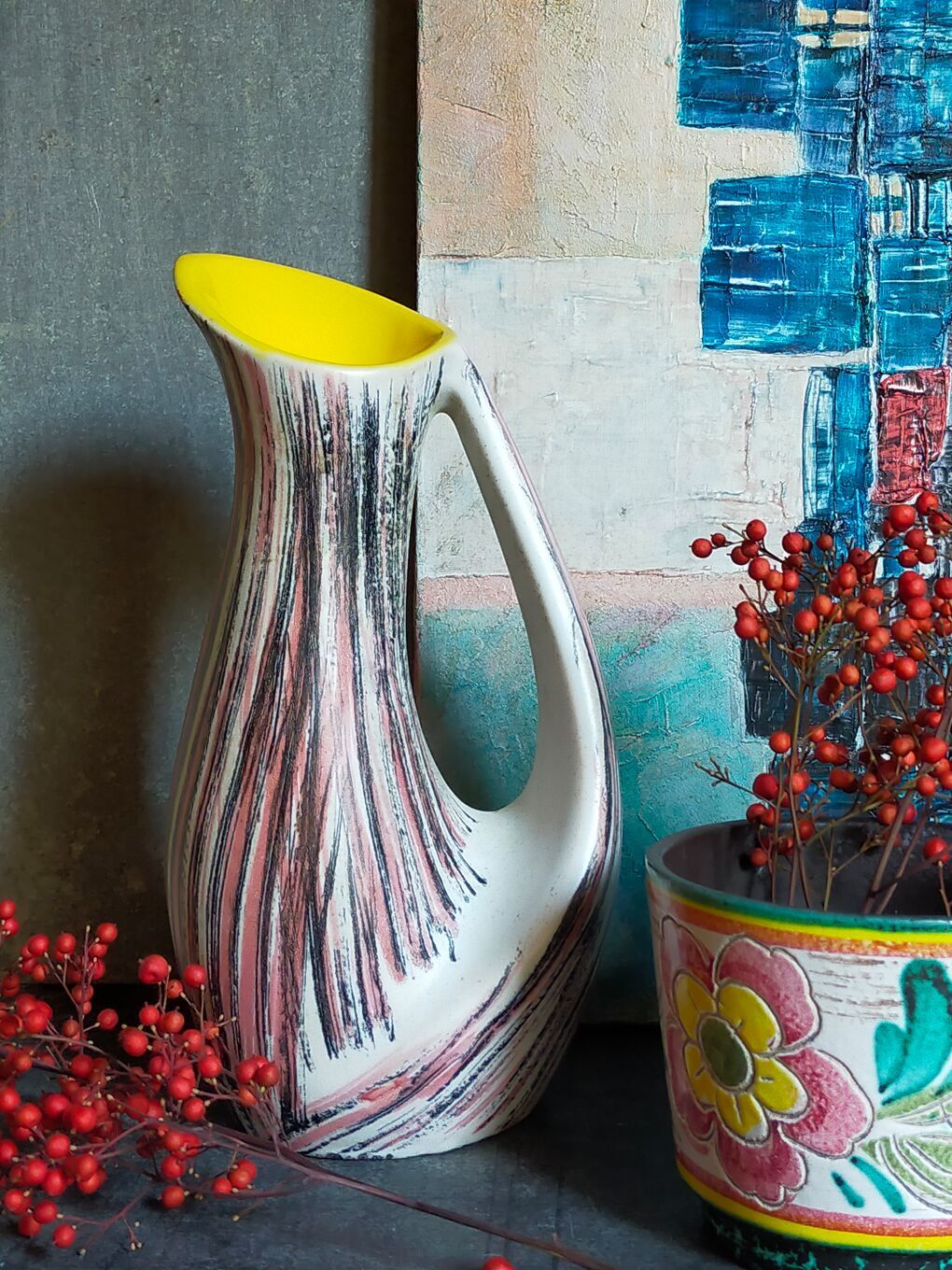 Free-form ceramic vase by R. Dupanier with abstract decoration from the 50s