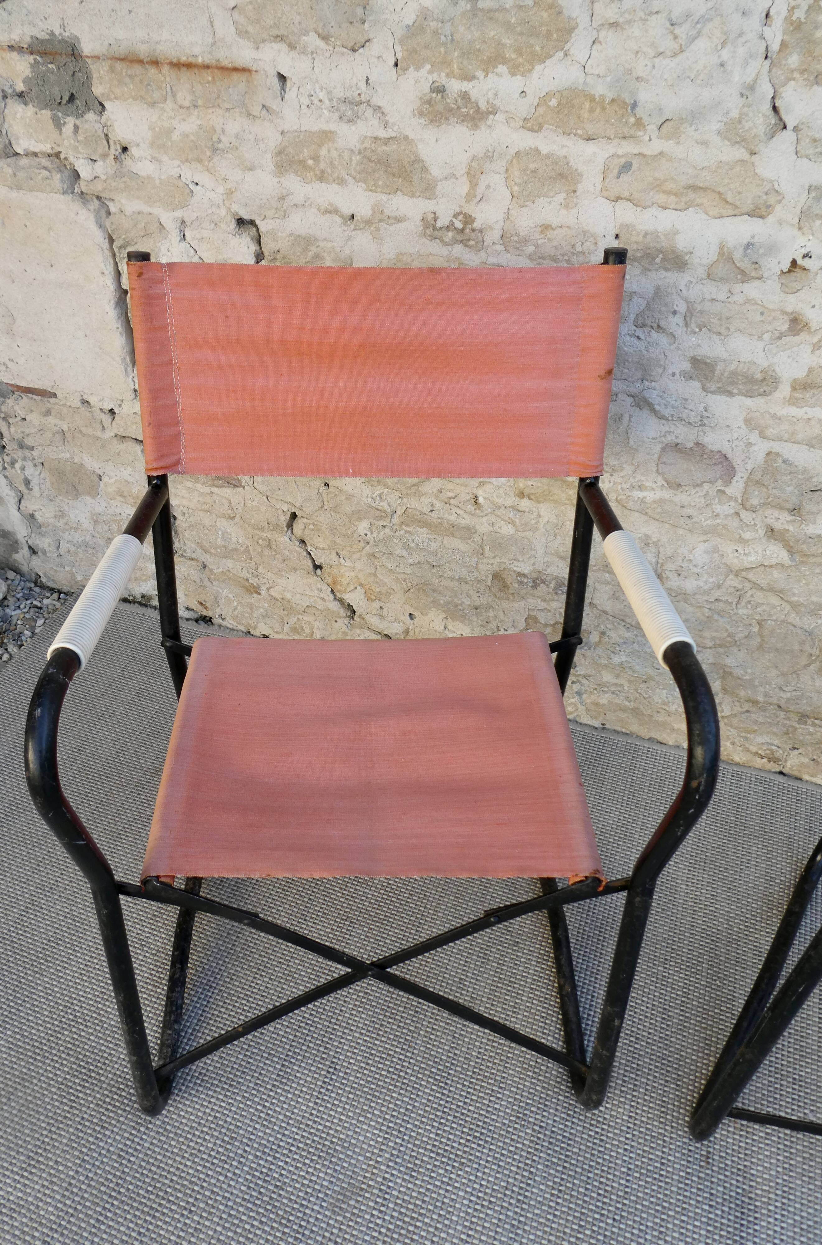 Pair of folding armchairs in metal and fabric 60s