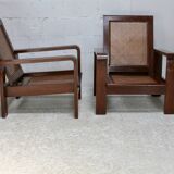 Pair of large armchairs. Wood and cane. Circa 1960
