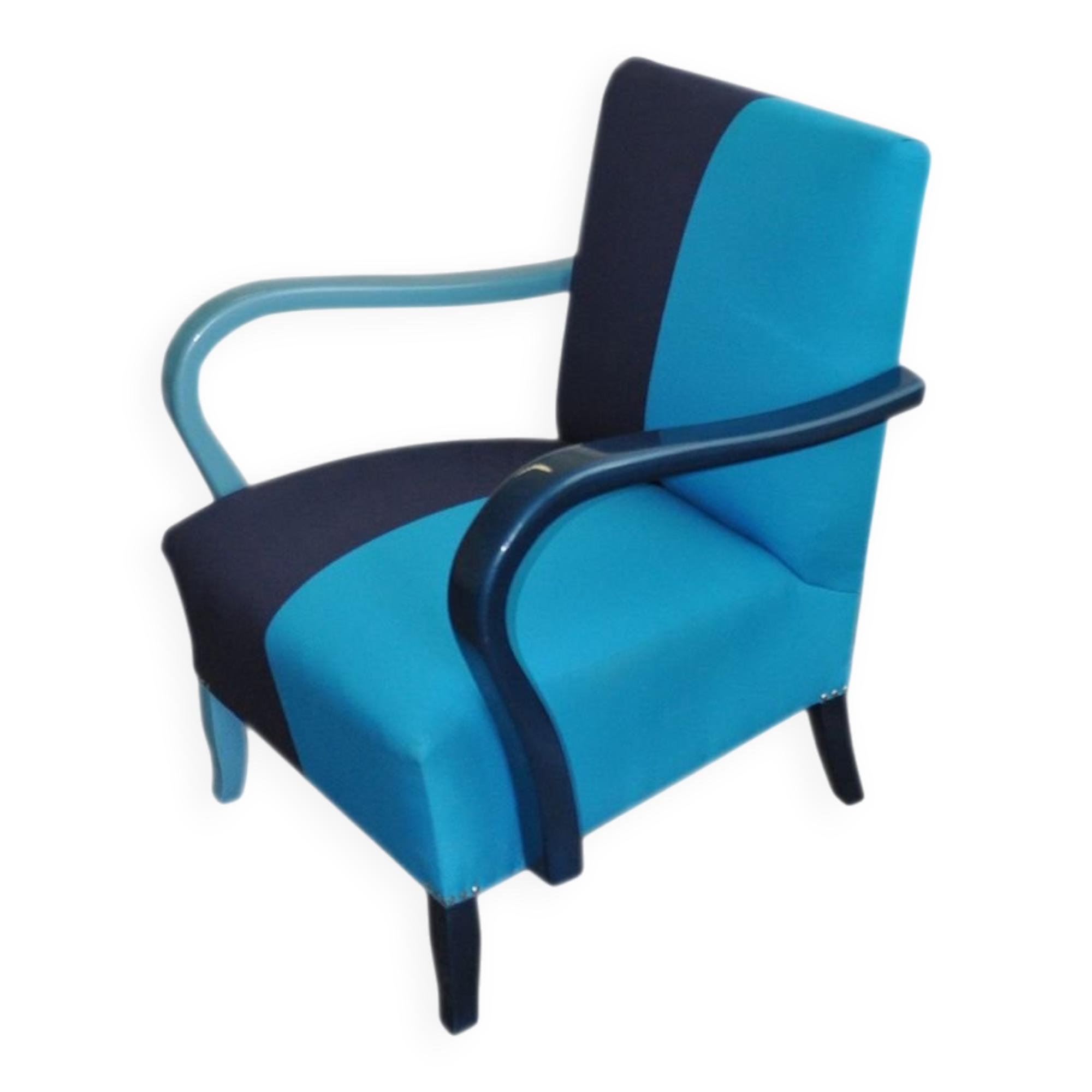 Azure blue Art Deco armchair in wood and cotton, 1920s, fully restored.