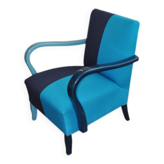Azure blue Art Deco armchair in wood and cotton, 1920s, fully restored.