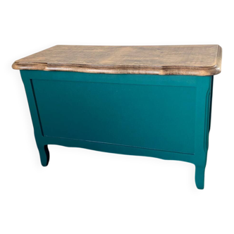 Coffre de rangement bleu canard et bois clair
