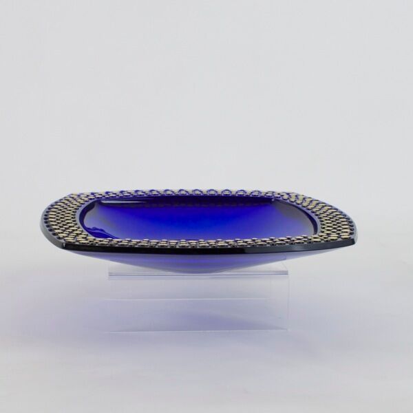 Cobalt blue glass cup gilded relief decoration, rectangular, 1960