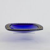 Coupe en verre bleu cobalt décor en relief doré rectangulaire,1960