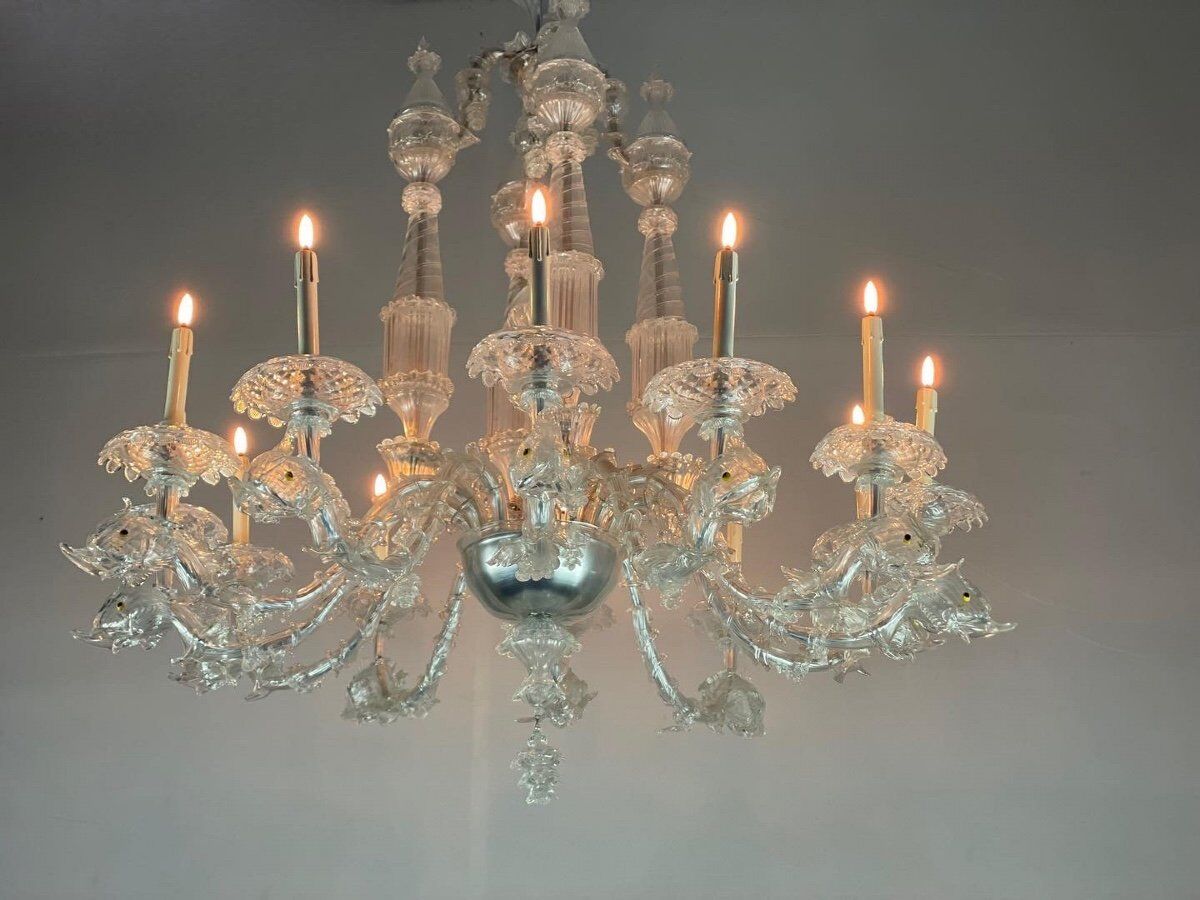 Venetian chandelier in transparent murano glass, 12 arms of light