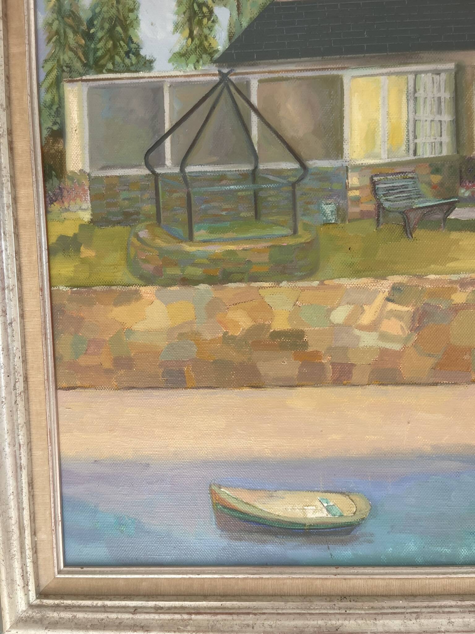 Old Oil Painting Canvas House Beach Boat Sea Village 80x70cm