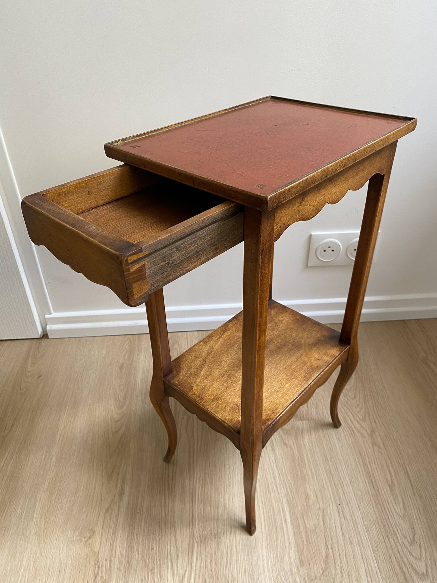 Small bedside table, nightstand, two-top ash plant stand with discreet drawer