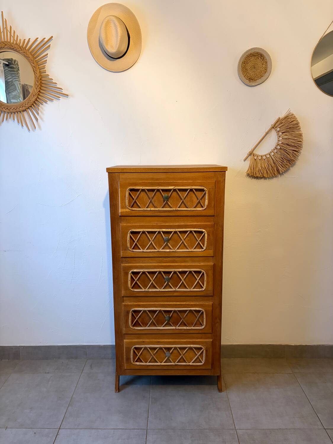 Vintage oak and rattan chest of drawers
