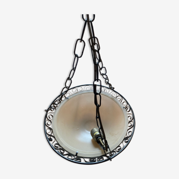 Ceiling chandelier metal bronze and beige glass