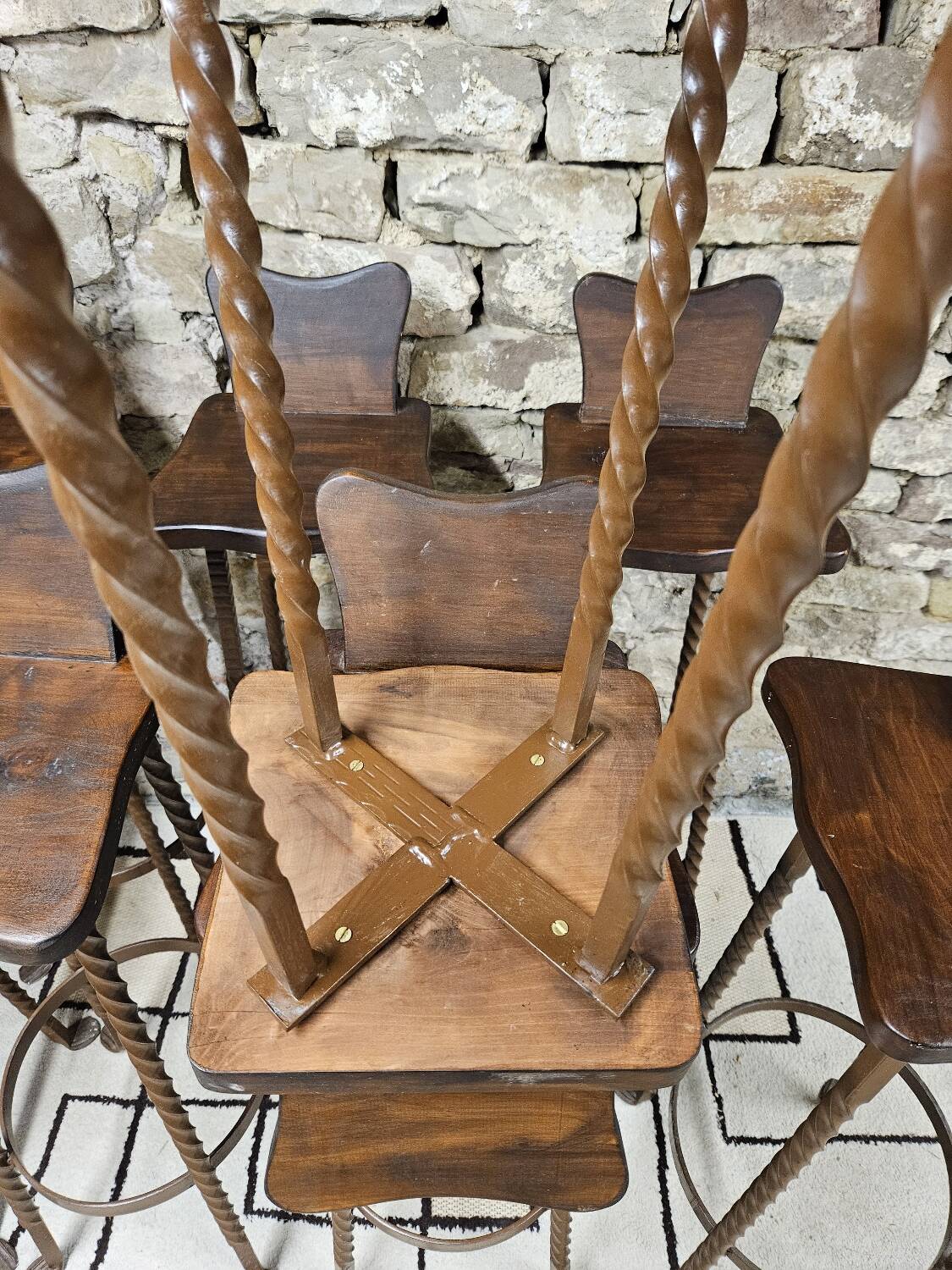 Set of 8 brutalist wrought iron bar stools 1970"