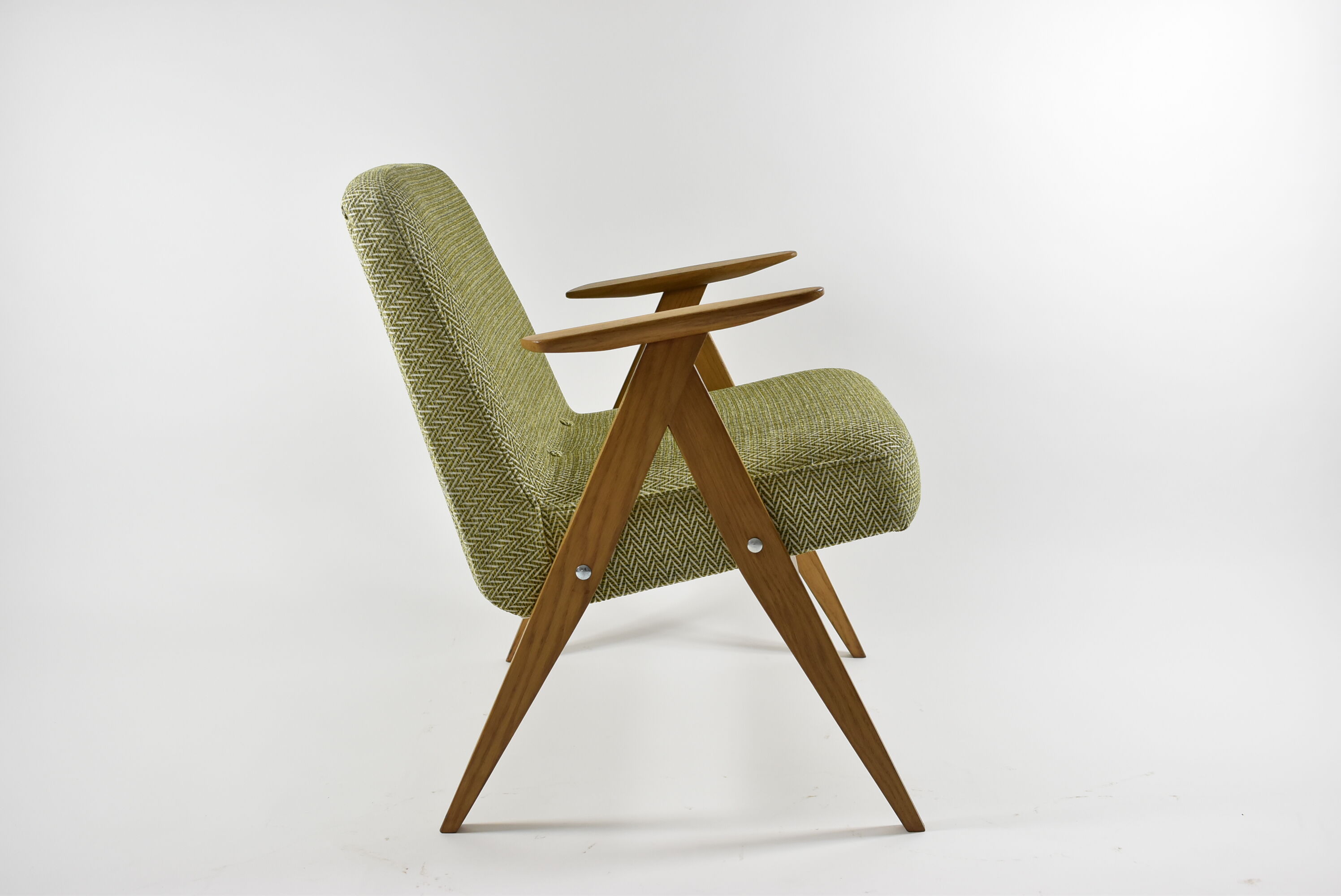 Vintage original armchair , 1960s, restored, upholstered, herringbone fabric