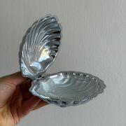 Silver metal butter dish with lid and matching spoon