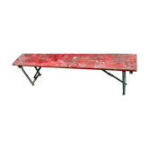 Banc industriel belle patine rouge pieds tubulaire en metal pliable vert gris vintage