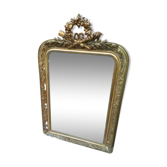 Miroir ancien plâtre & bois doré avec nœud carquois et flambeau