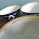 5 Uzbekistan porcelain tea bowls or cups, cobalt and gold decor