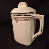 Old covered jug, vintage, geometric frieze with flowers and black trim.