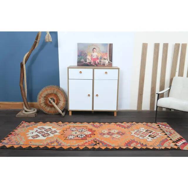 1970s Turkish Oushak Handmade Wool Cotton Orange Runner Rug 95x254