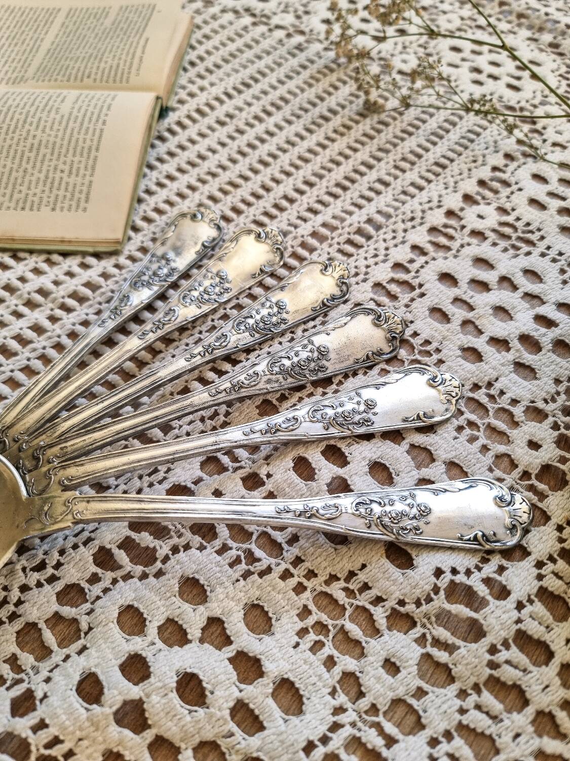 6 silver-plated metal soup spoons, 12g, art nouveau
