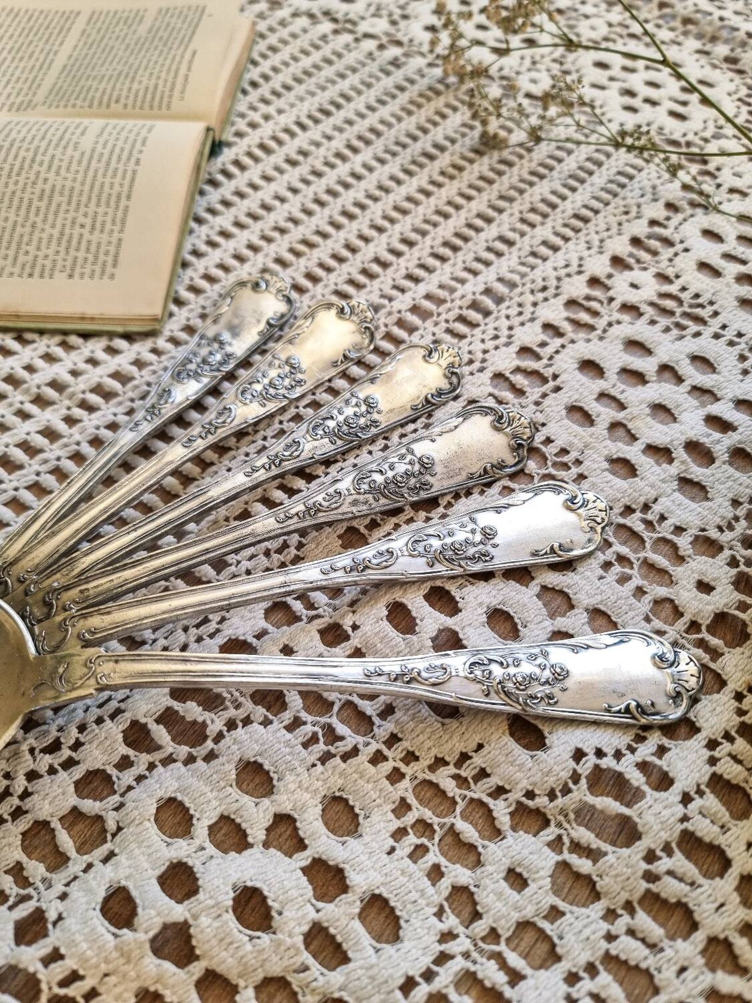 6 silver-plated metal soup spoons, 12g, art nouveau