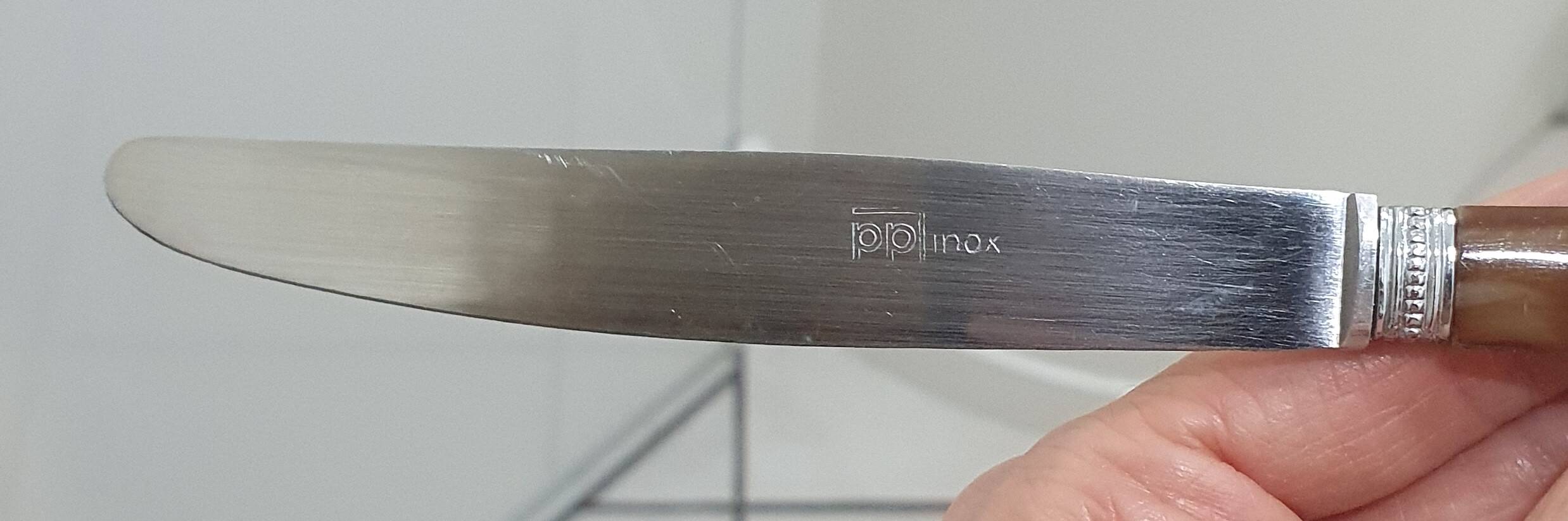 Stainless steel table and dessert knives with mother-of-pearl handles
