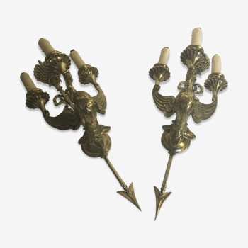 Paire d’appliques styles Empire en bronze doré «aux cygnes» 3 feux
