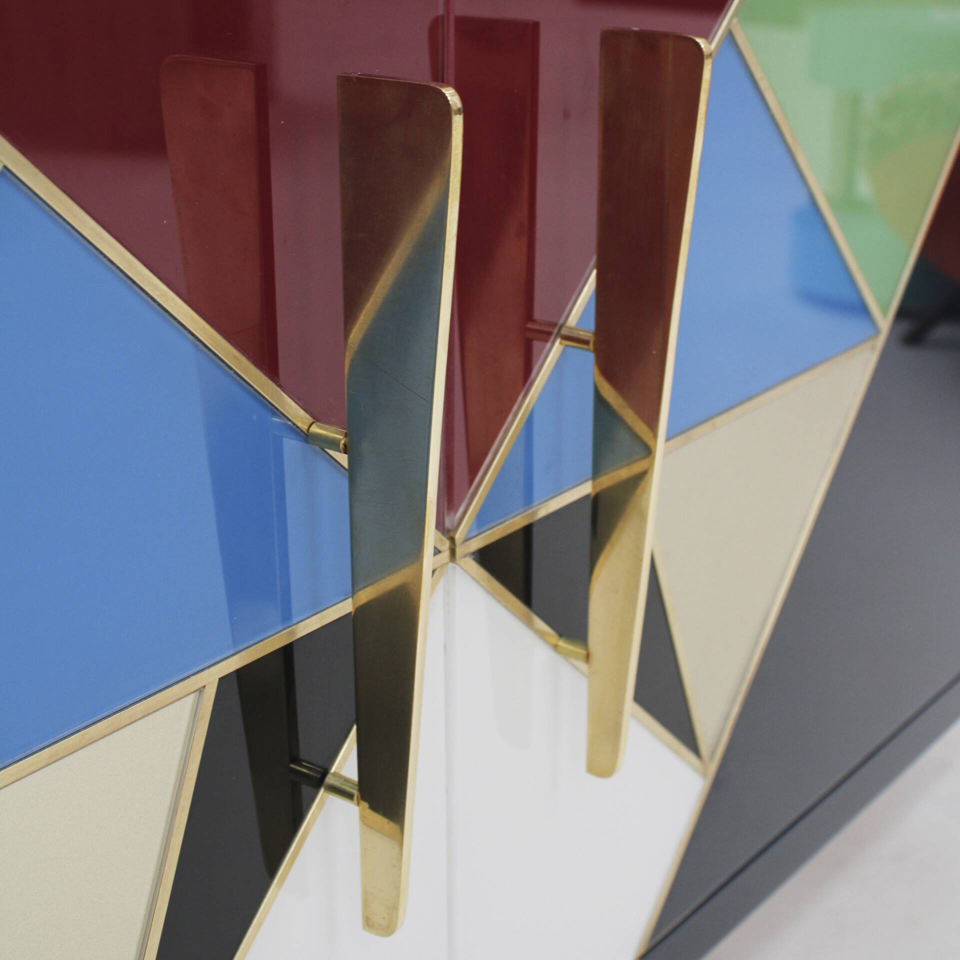 Mid-Century Style Italian Sideboard Made of Wood Brass and Colored Glass