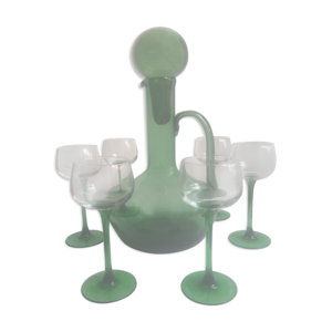 carafe et bouchon en verre soufflé et 6 verres à vin blanc sur pieds douche. Vintage. TBE