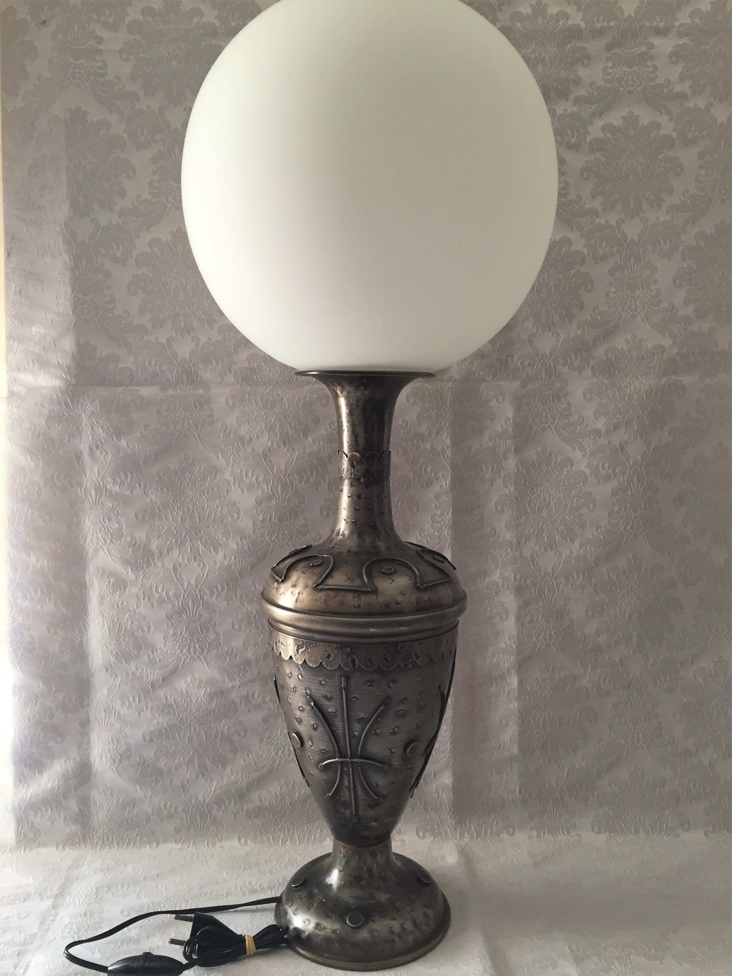 Atypical metal lamp medieval globe opaline style