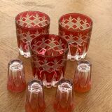 7 aperitif glasses in red and transparent glass chiseled vintage