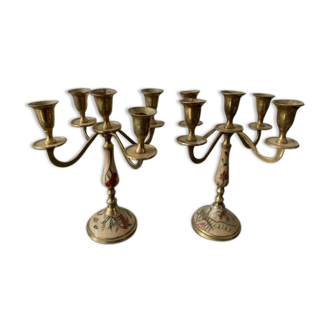 Pair of brass candle holders, enamelled décor