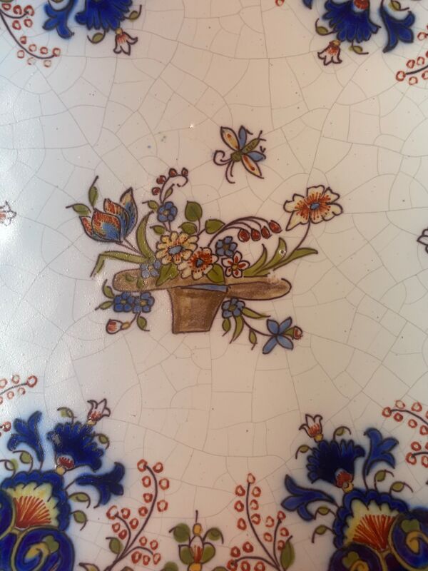 Plat faience de rouen -panier fleuri -  ø 38 cm