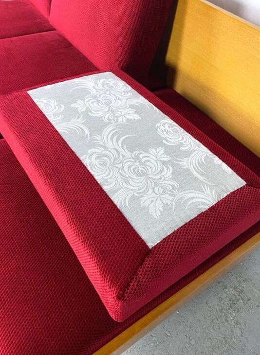 Daybed in beech and red fabric by jitona, vintage czech 1970s