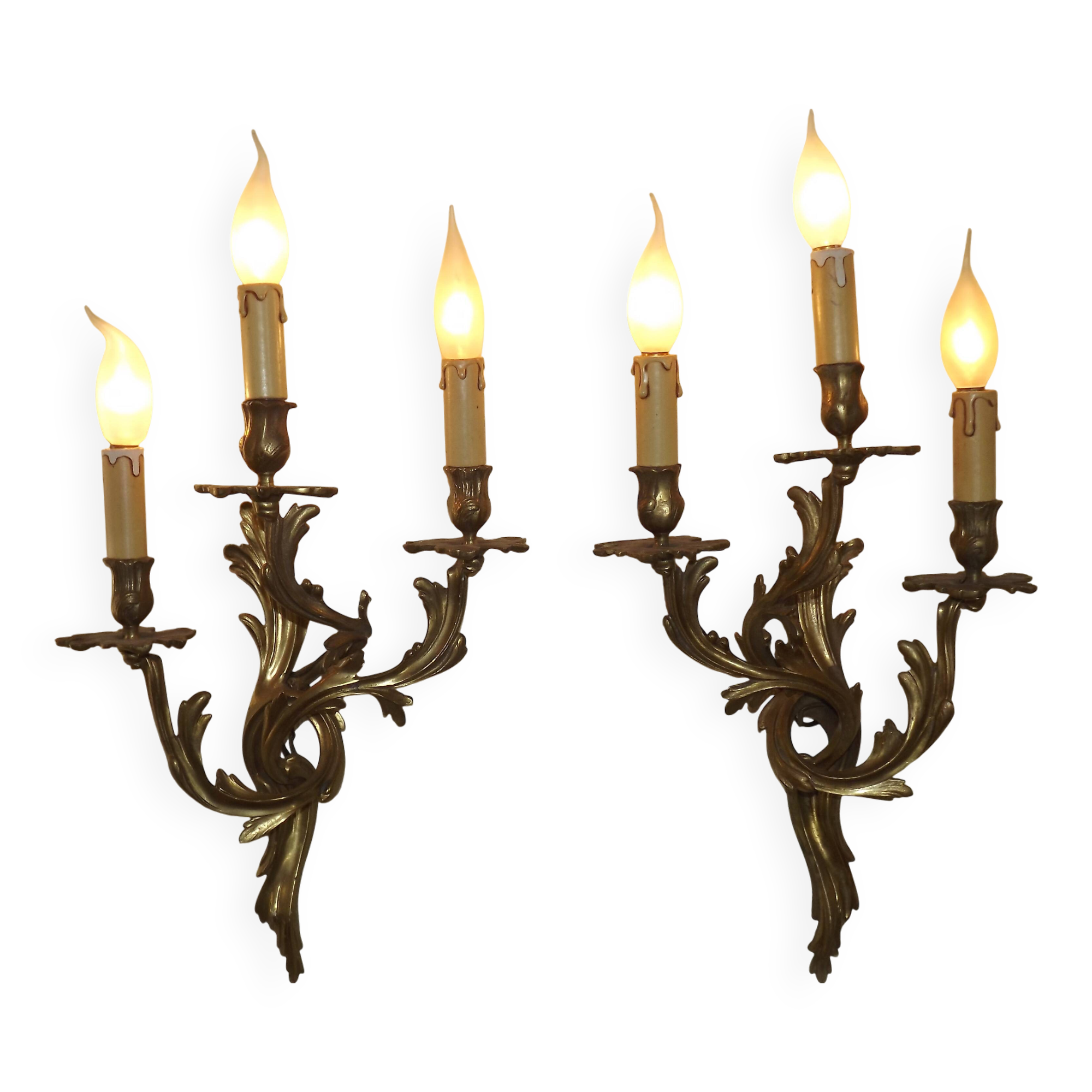 Very large pair of early 1900s 3-light acanthus leaf wall sconces 5209