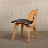 Charles & Ray Eames DCW Ash dining chair with Dark Brown Leather seat for Vitra