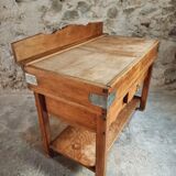 Table de boucher française vintage – Bloc de hêtre des années 1960 – Table de boucher avec tiroir et étagère