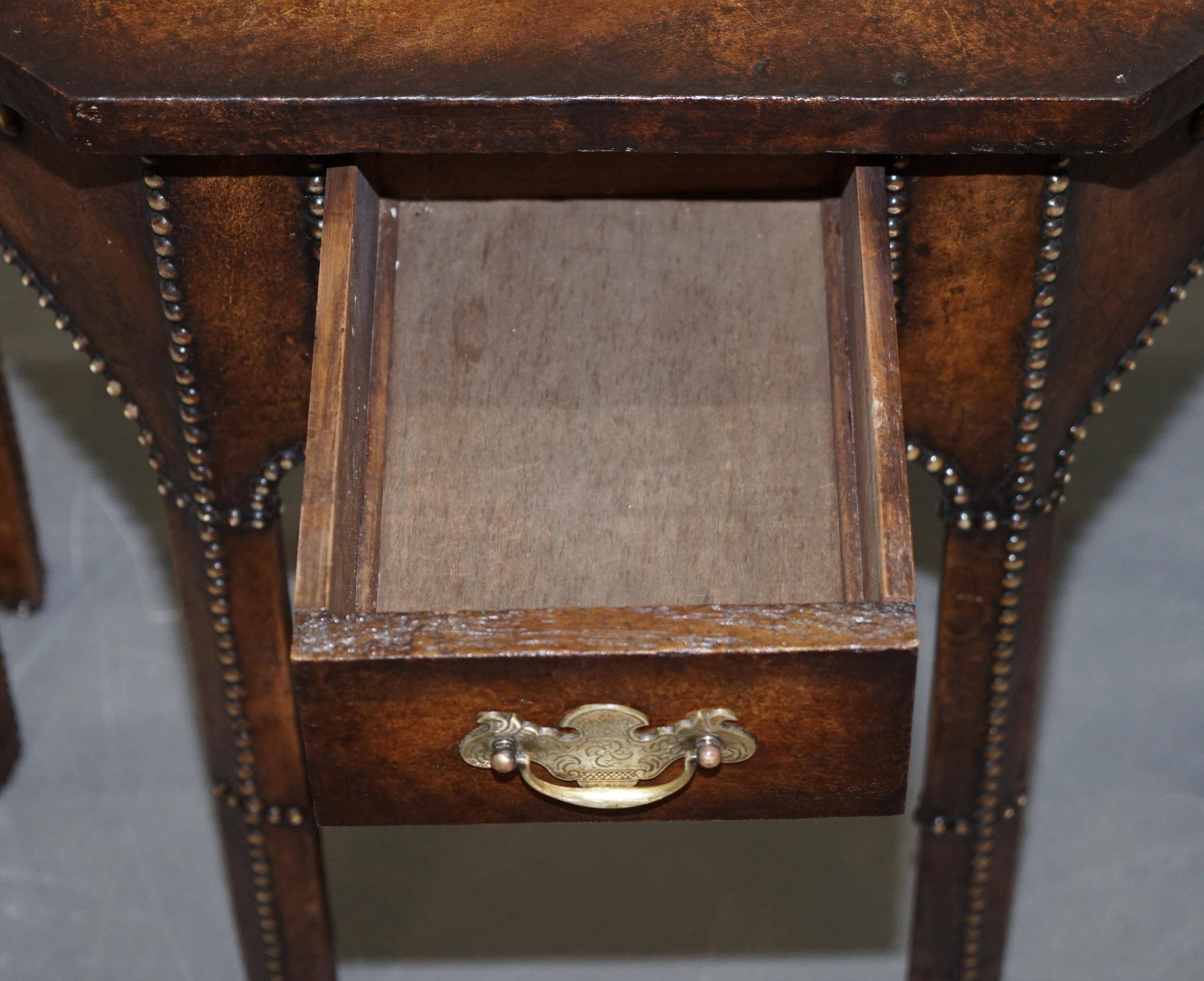 Antique Leather Studded Console Table in Gothic Pugin Style Restored