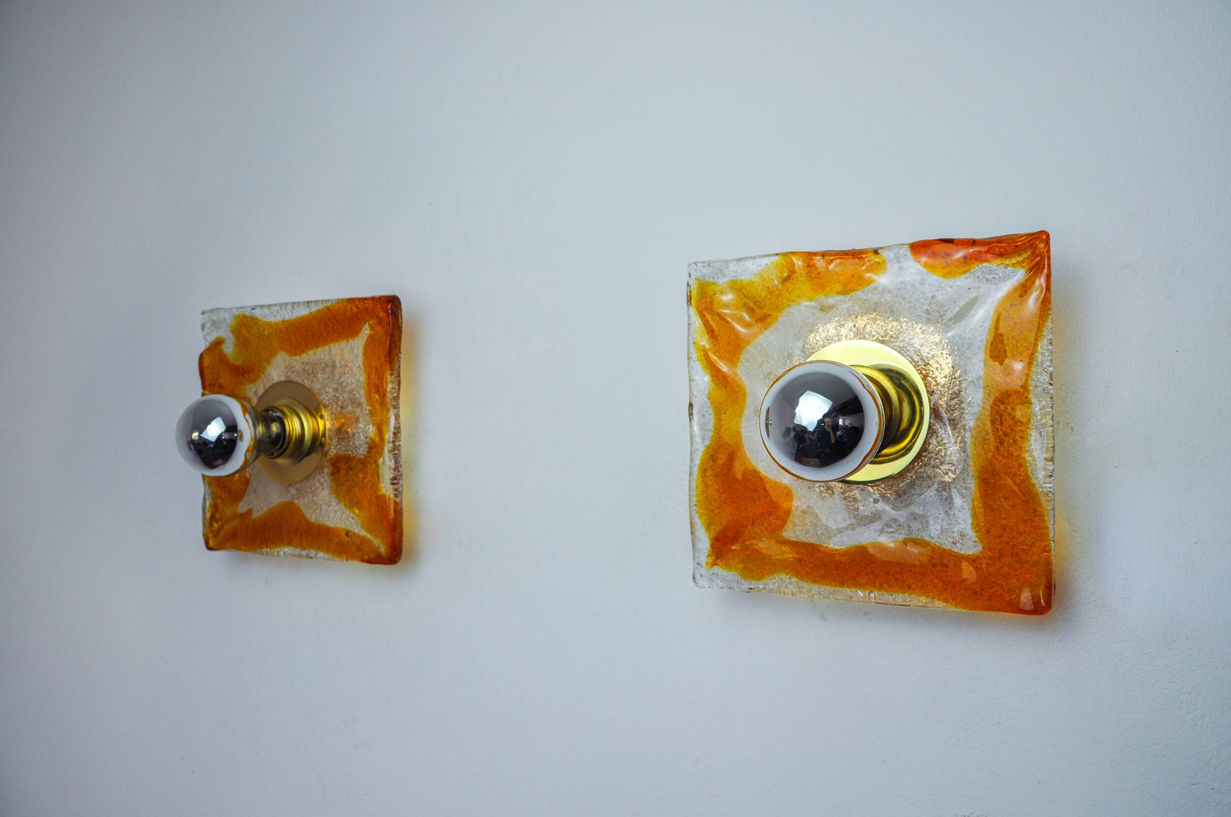 Pair of square wall lights by Murano Mazzega in orange frosted glass, Italy, 1970