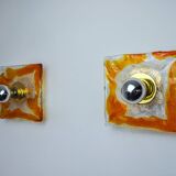 Pair of square wall lights by Murano Mazzega in orange frosted glass, Italy, 1970
