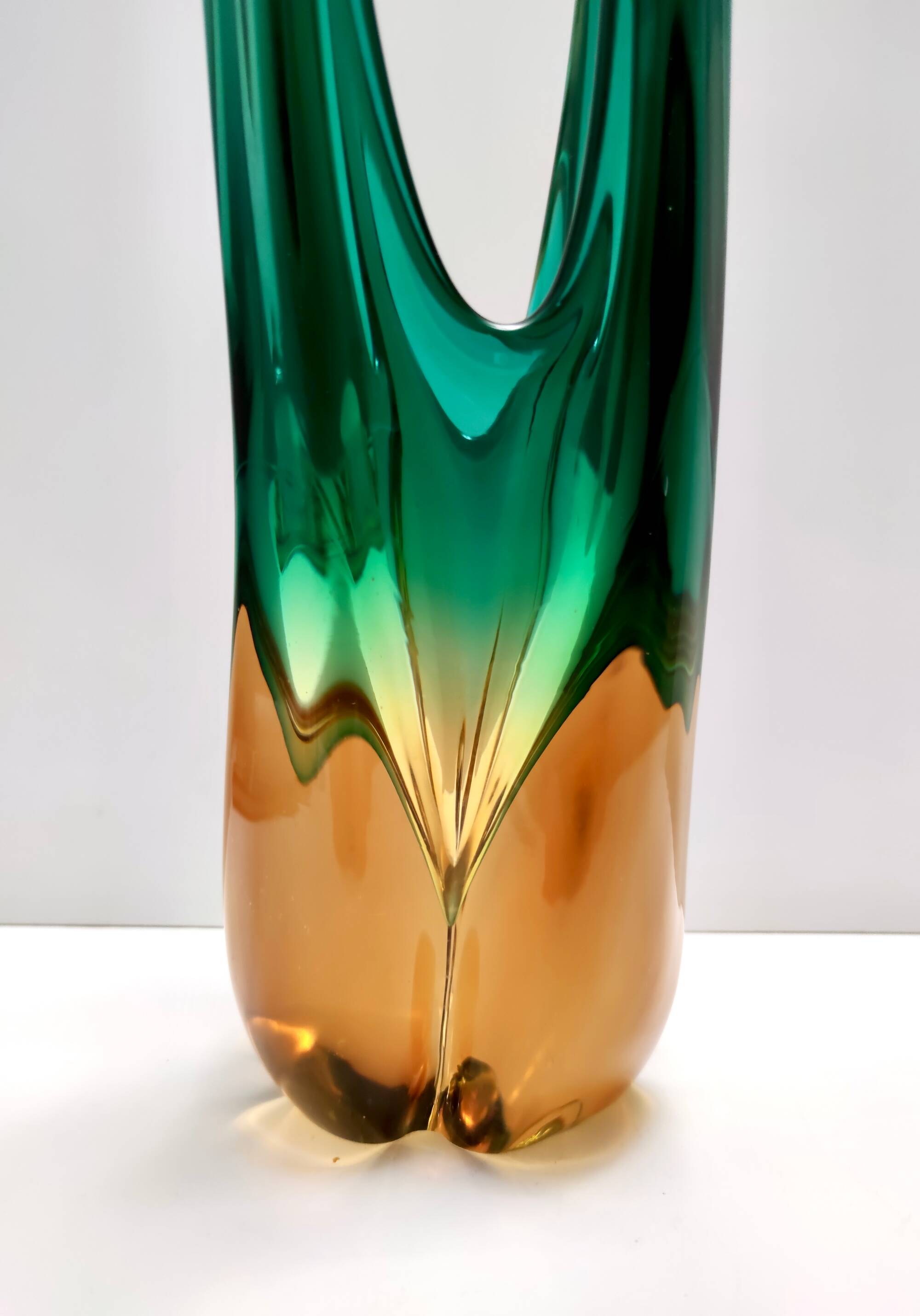 Green and Amber Murano Glass Centerpiece Vase, Italy